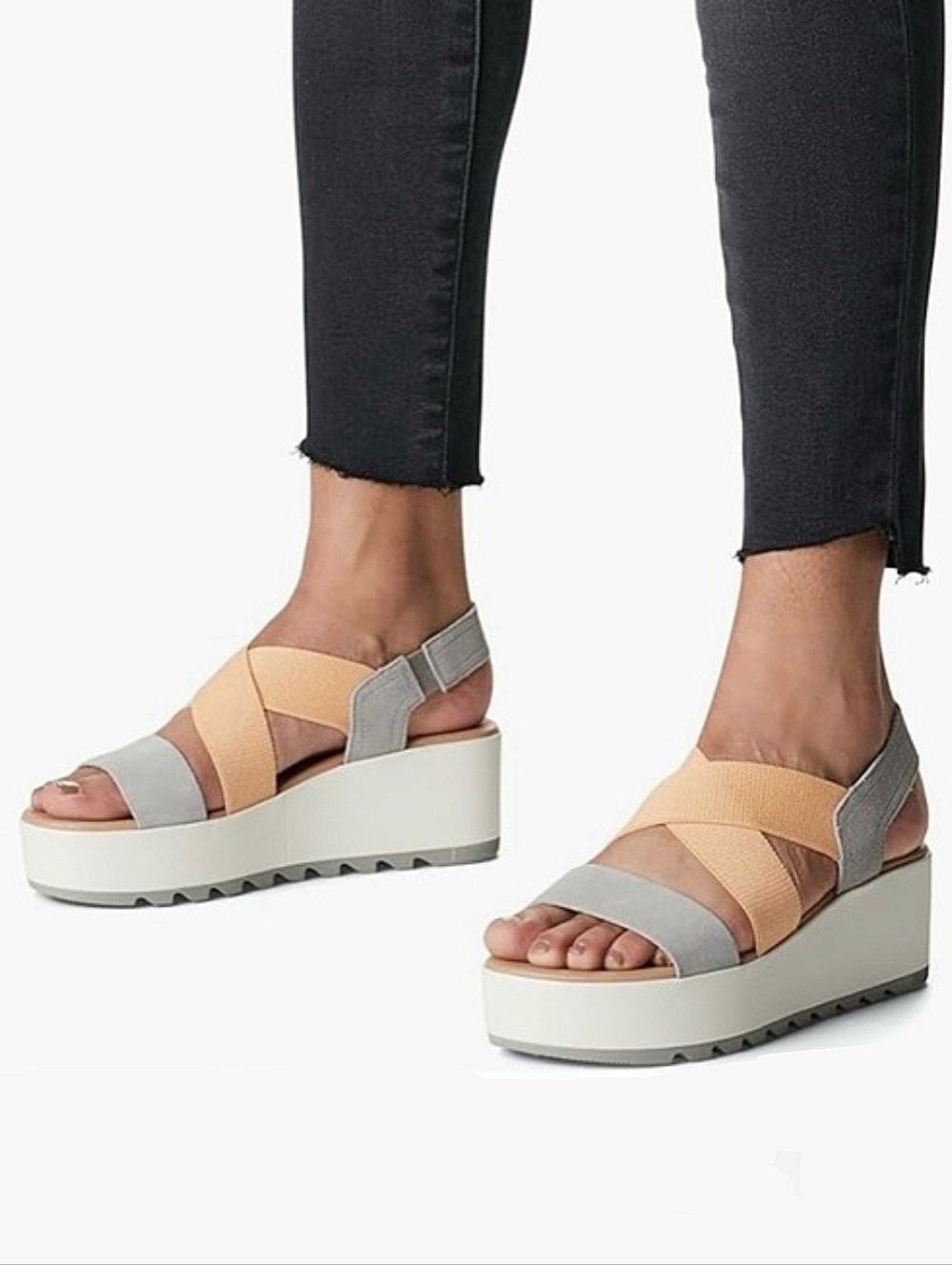 SOREL Cameron Flatform Slingback Platform Sandals US 10 Chrome Grey Chalk